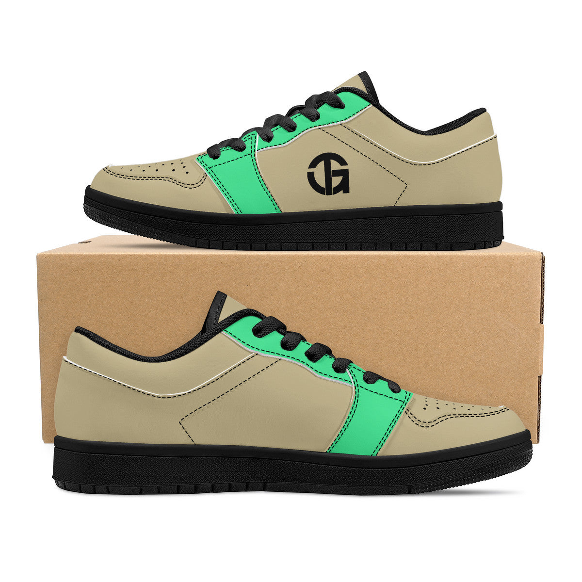 Beige and Green Low-Top Leather Sneakers
