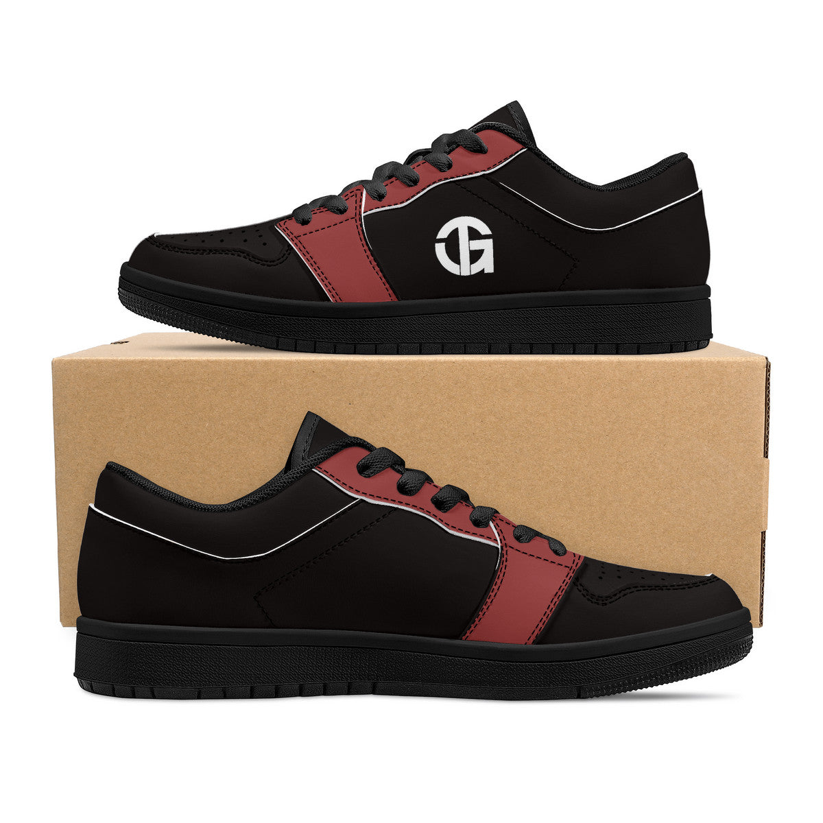 TG - Black and Burgundy Black Sole Low-Top Leather Sneakers