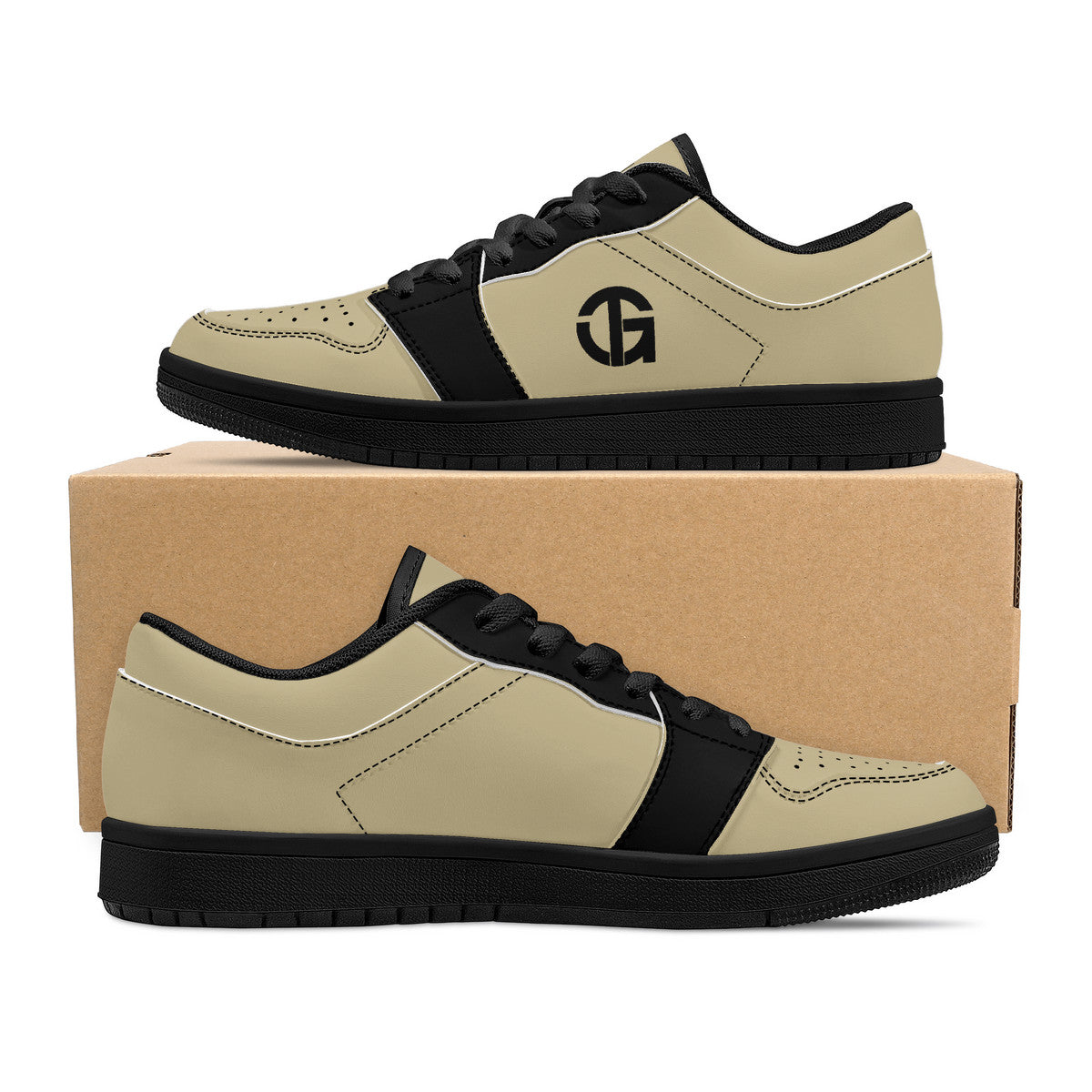 Beige and Black, Black Sole Low-Top Leather Sneakers