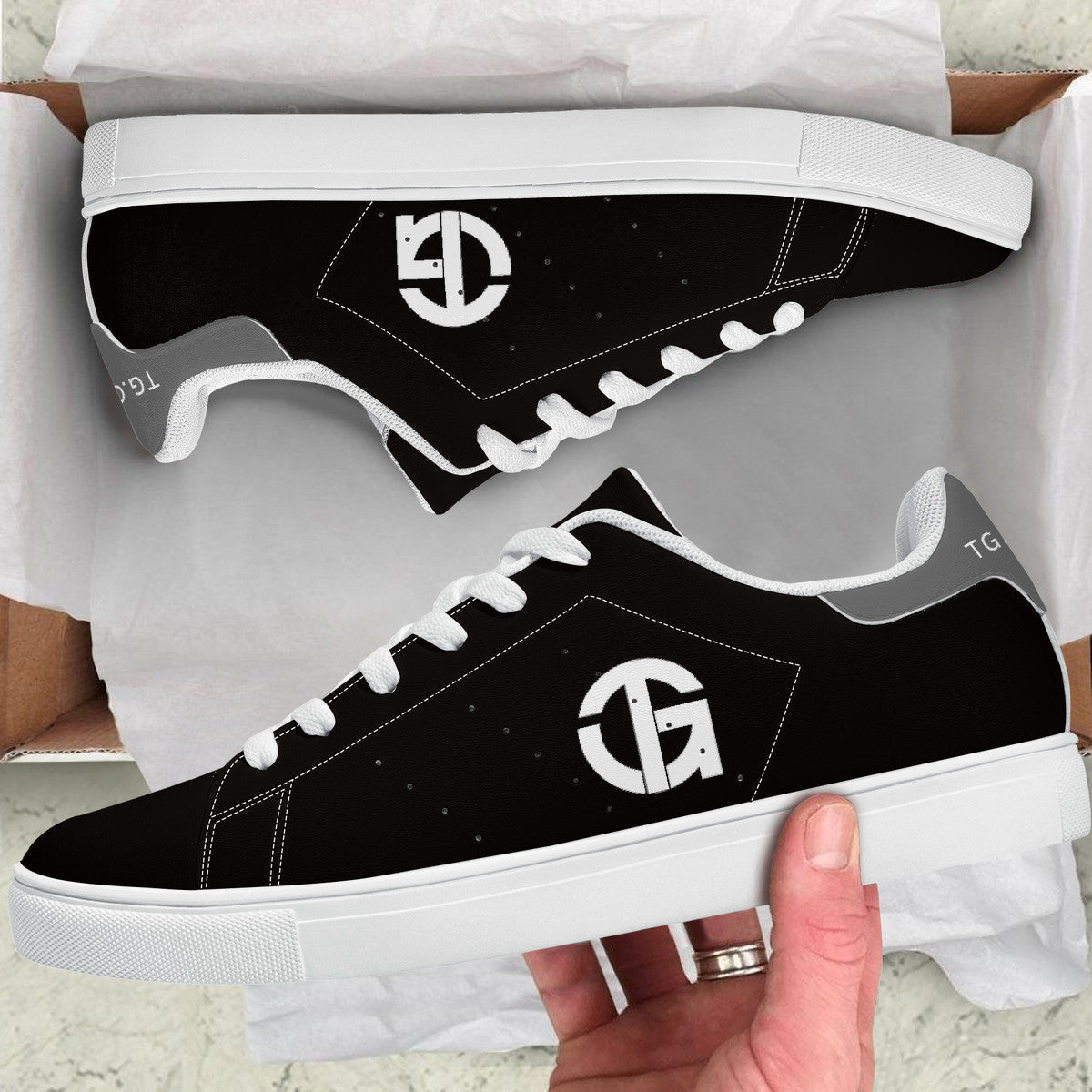 TG- Black on Gray with white logo Leather Sneakers