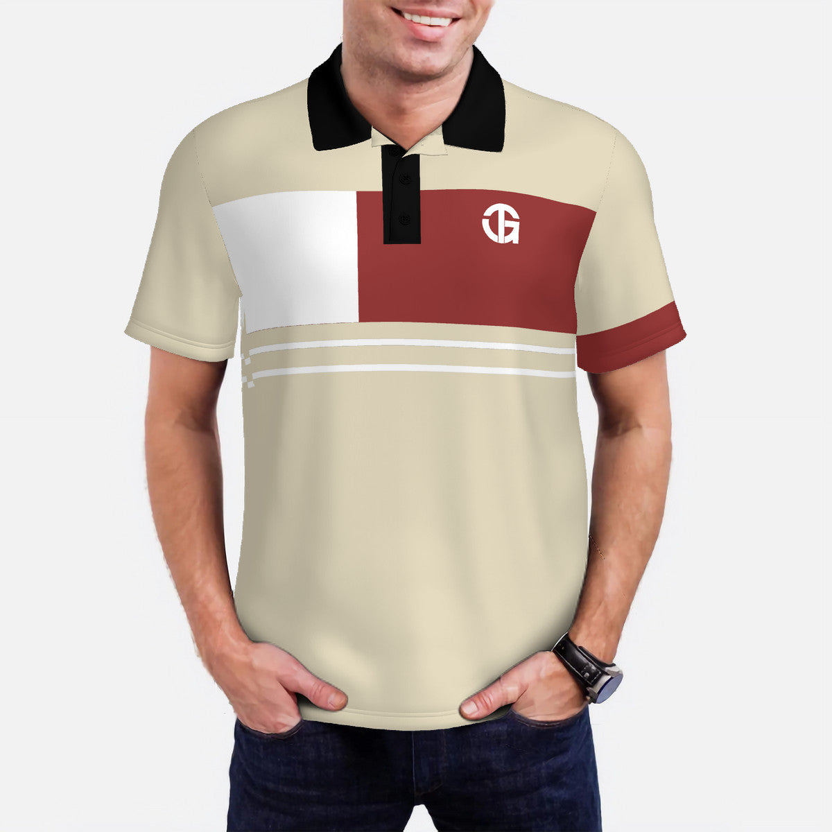 TG - Men's Burgundy and Beige with White logo Polo Shirt