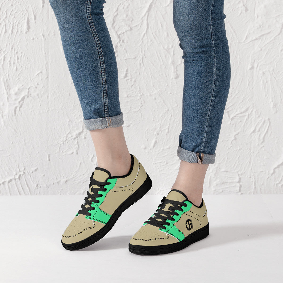 Beige and Green Low-Top Leather Sneakers