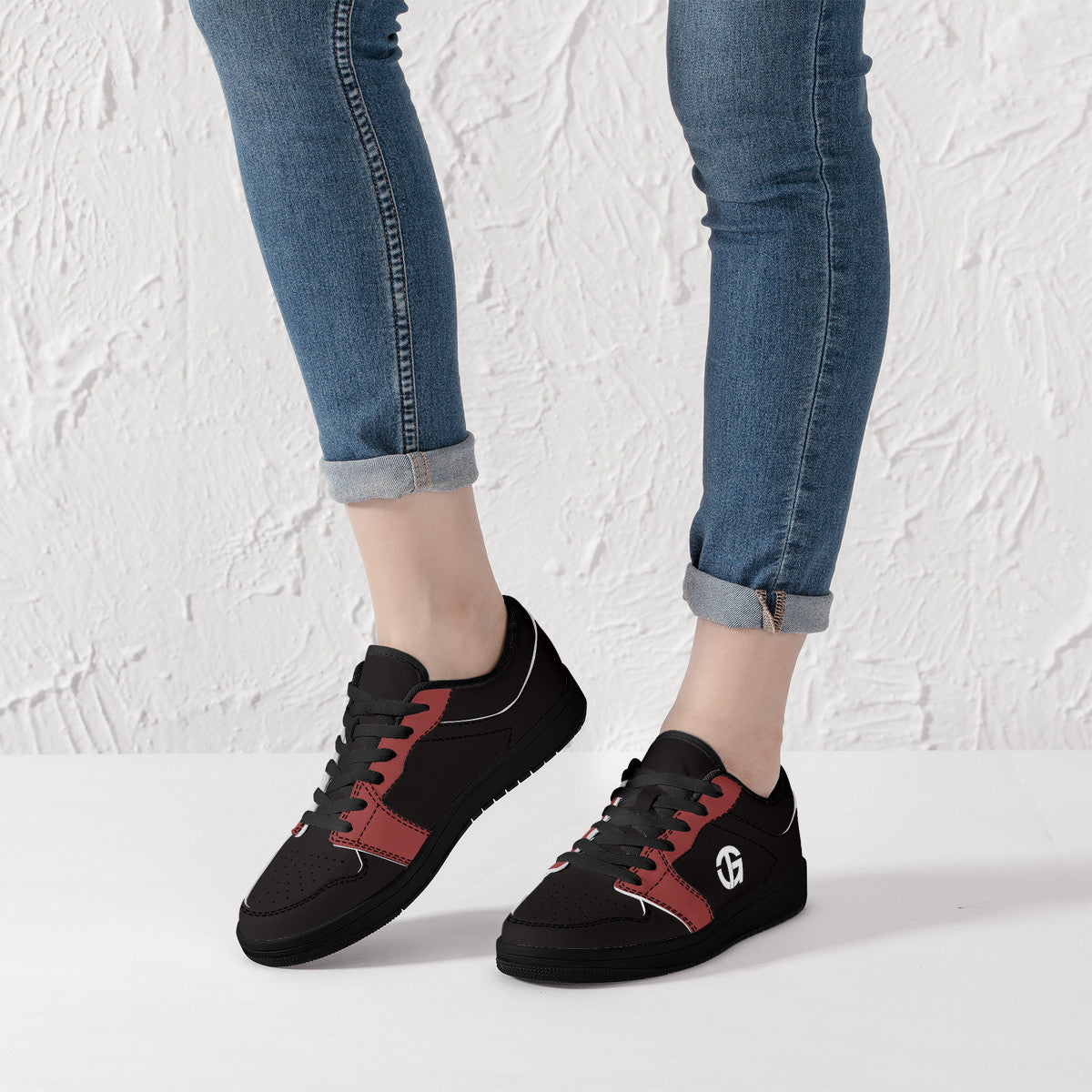 TG - Black and Burgundy Black Sole Low-Top Leather Sneakers