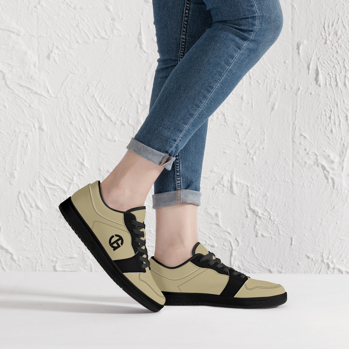 Beige and Black, Black Sole Low-Top Leather Sneakers