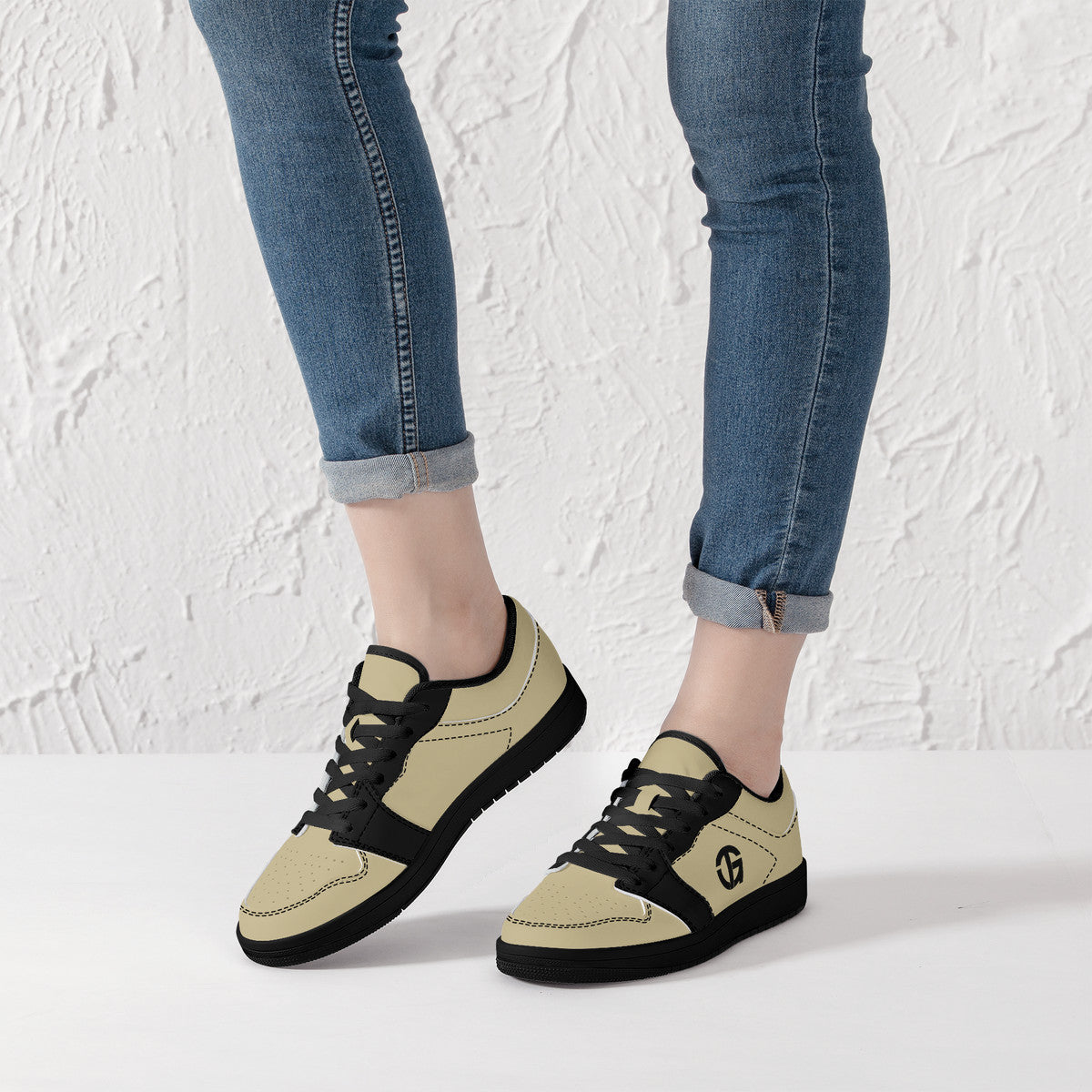 Copy of Beige and Black, Black Sole Low-Top Leather Sneakers