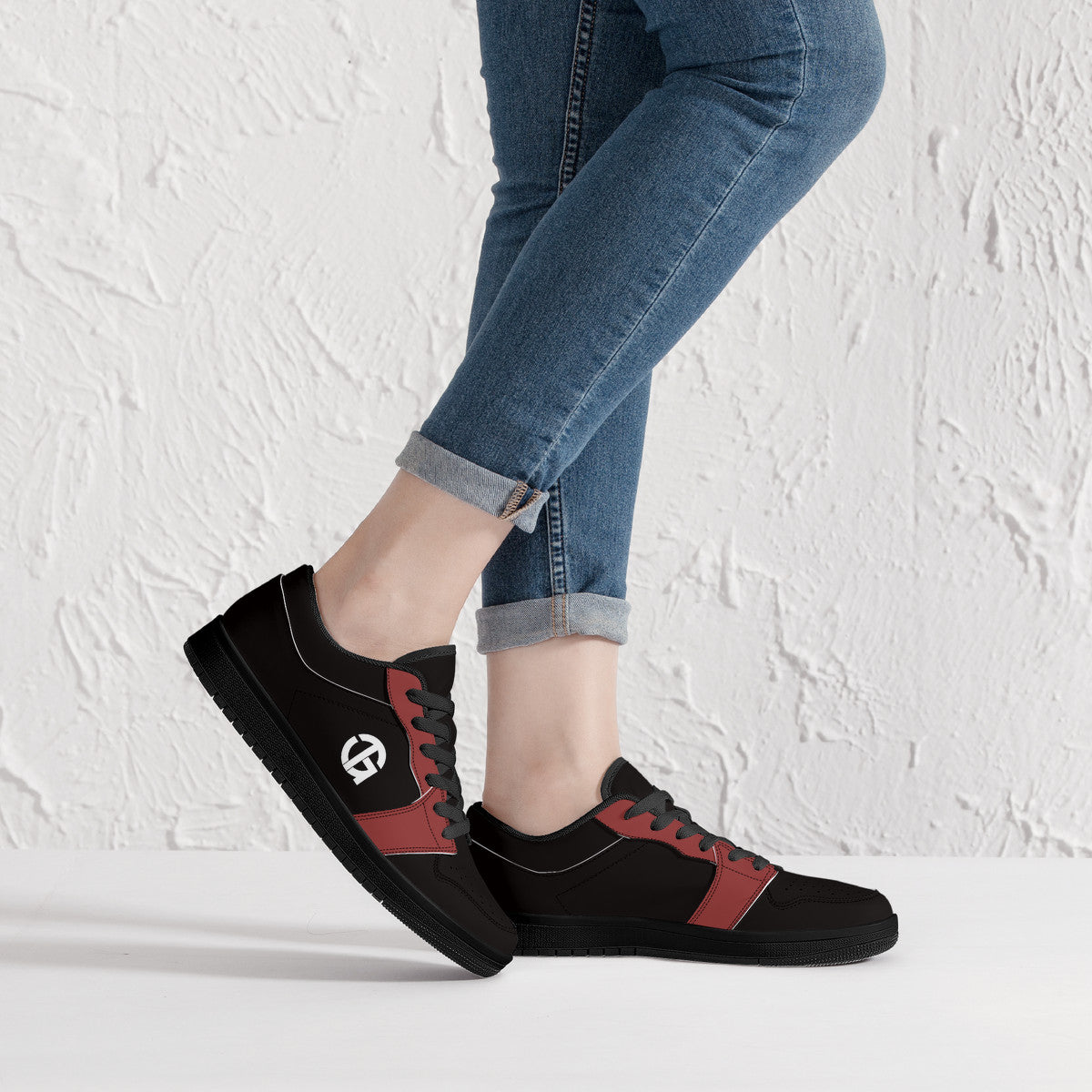 TG - Black and Burgundy Black Sole Low-Top Leather Sneakers