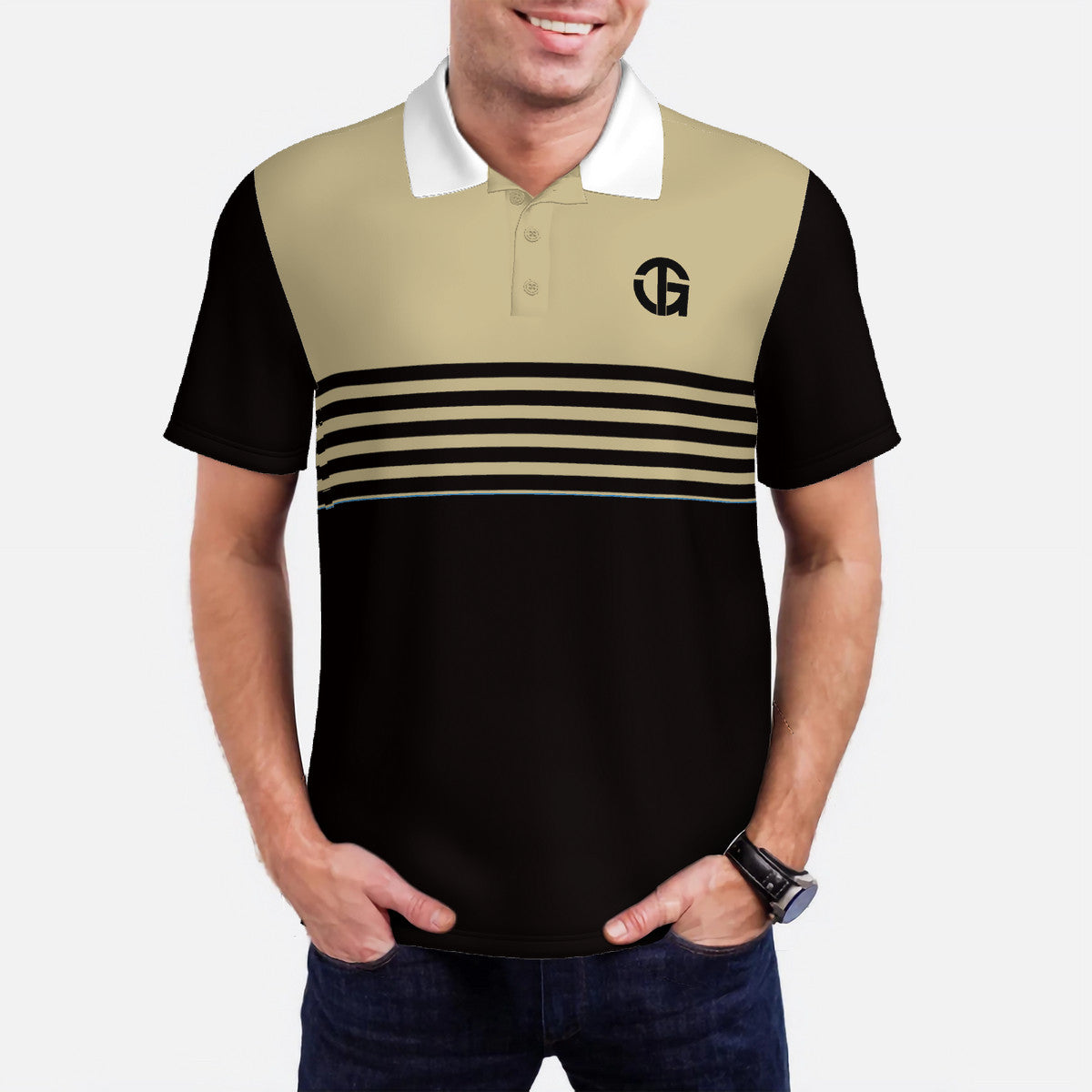Beige and Black Striped Polo Shirt