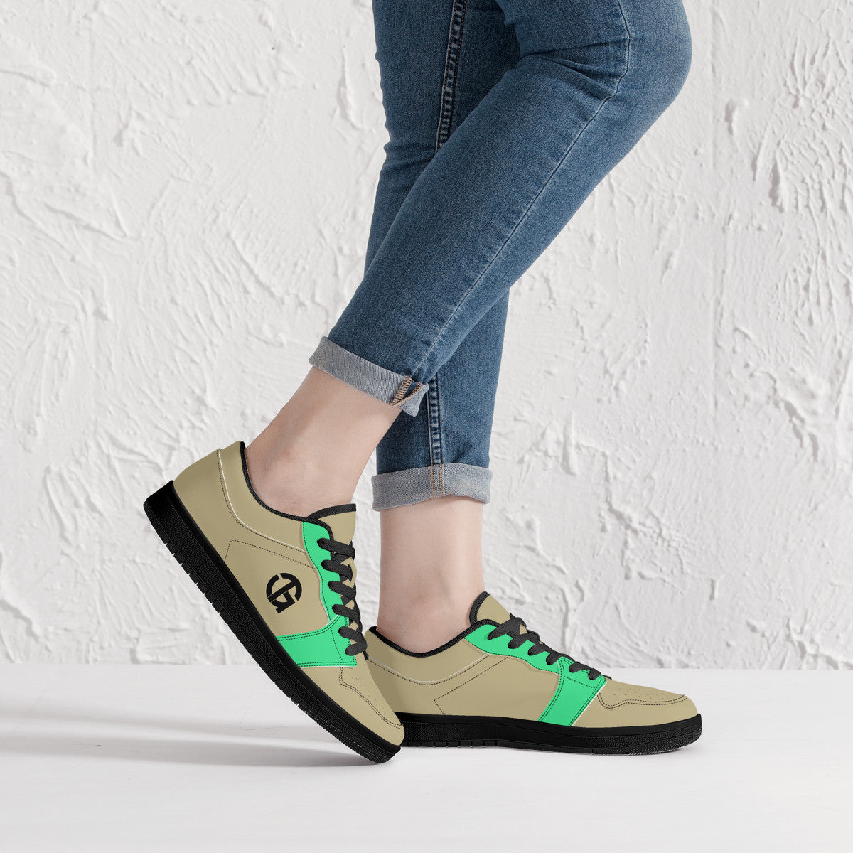 Beige and Green Low-Top Leather Sneakers