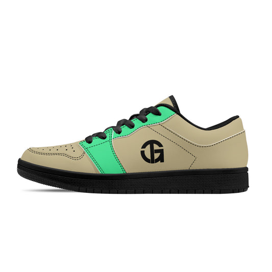 Beige and Green Low-Top Leather Sneakers