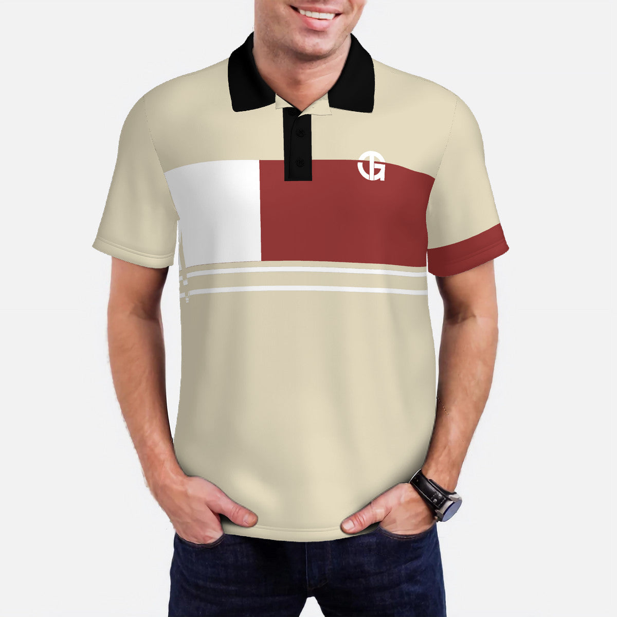 Beige, Burgundy and Black Polo