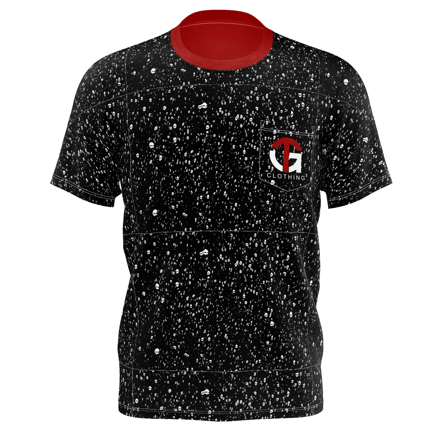 BLACK TEE WITH WHITE RAIN DROPS & RED COLLAR