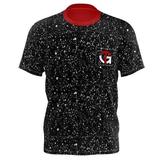 BLACK TEE WITH WHITE RAIN DROPS & RED COLLAR