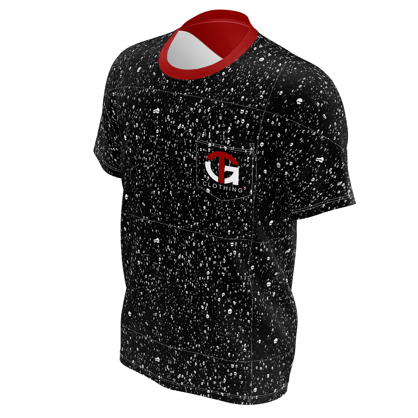 BLACK TEE WITH WHITE RAIN DROPS & RED COLLAR