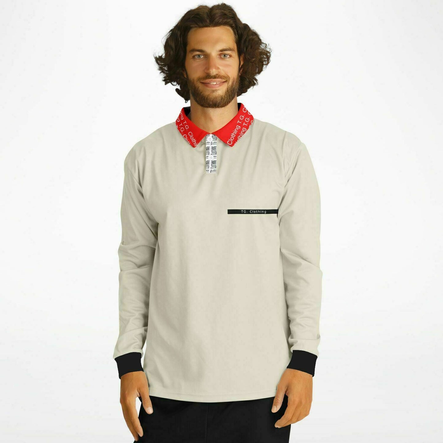 TG Beige, Red Collar Long Sleeve Polo