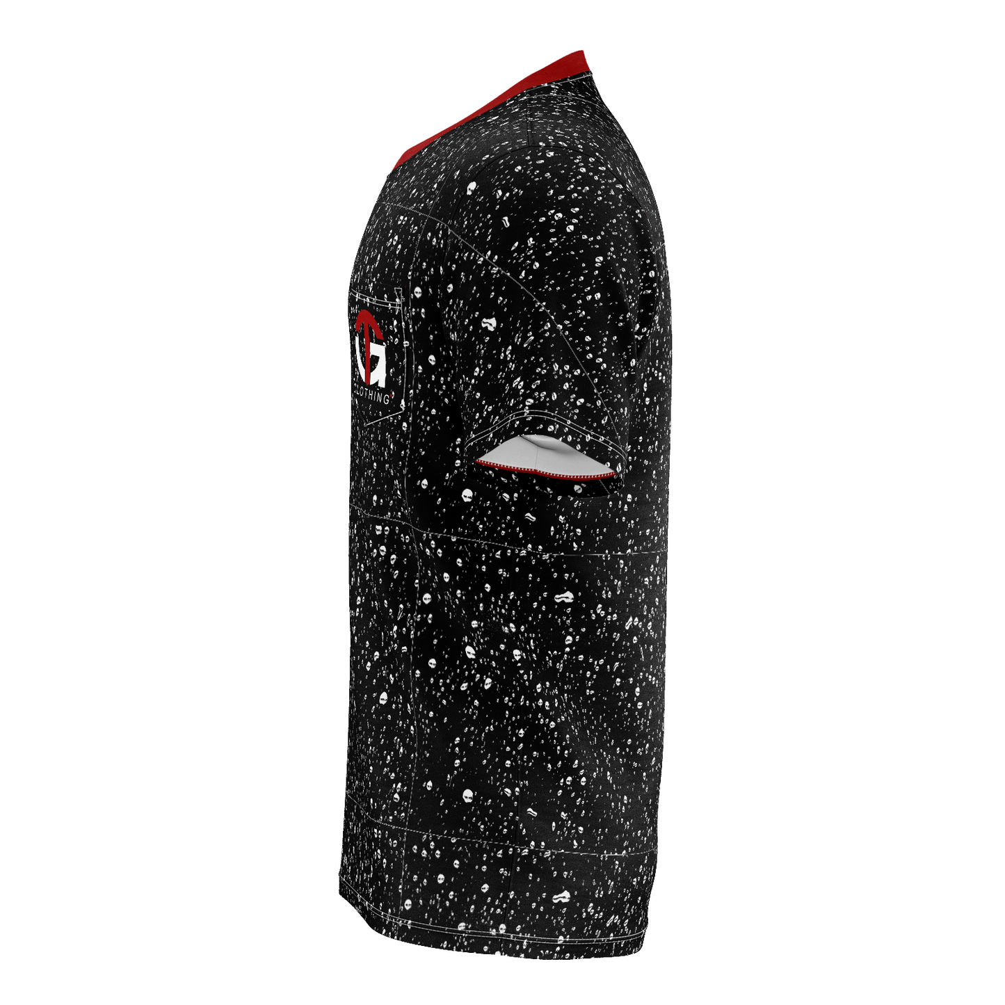 BLACK TEE WITH WHITE RAIN DROPS & RED COLLAR