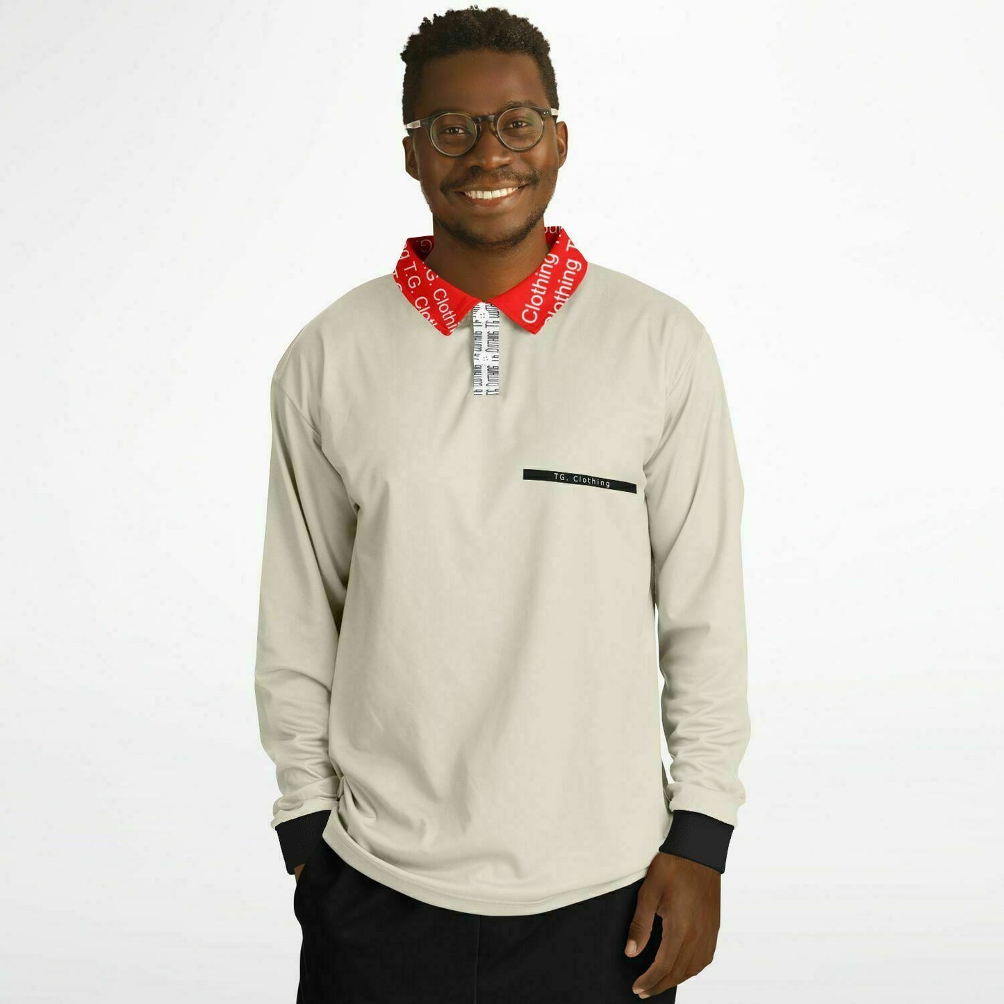 TG Beige, Red Collar Long Sleeve Polo