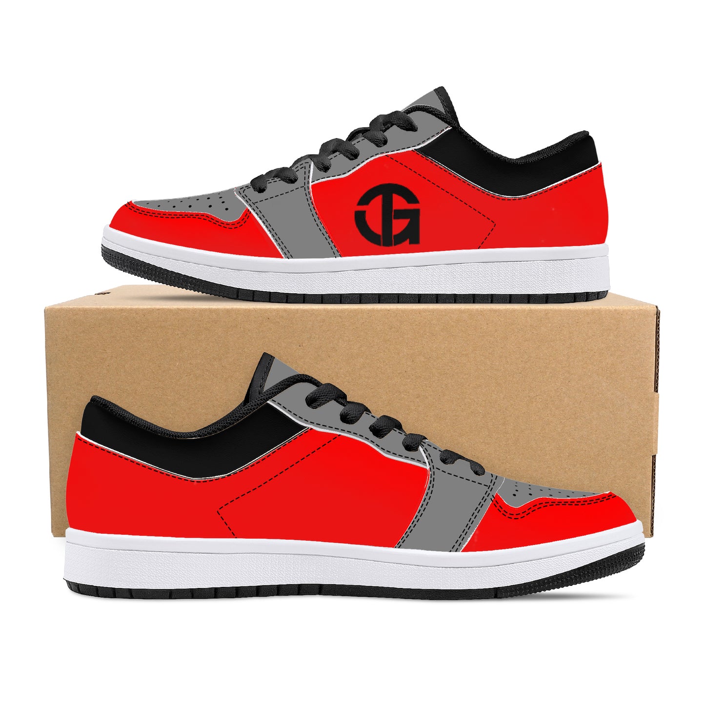TG Fire Red and Gray and Black Low-Top Leather Sneakers